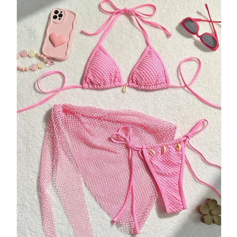 Sexy 3-teiliges Brazilian Bikini Set – Damen Push-Up Badeanzug mit Strandrock & Low-Waist Slip